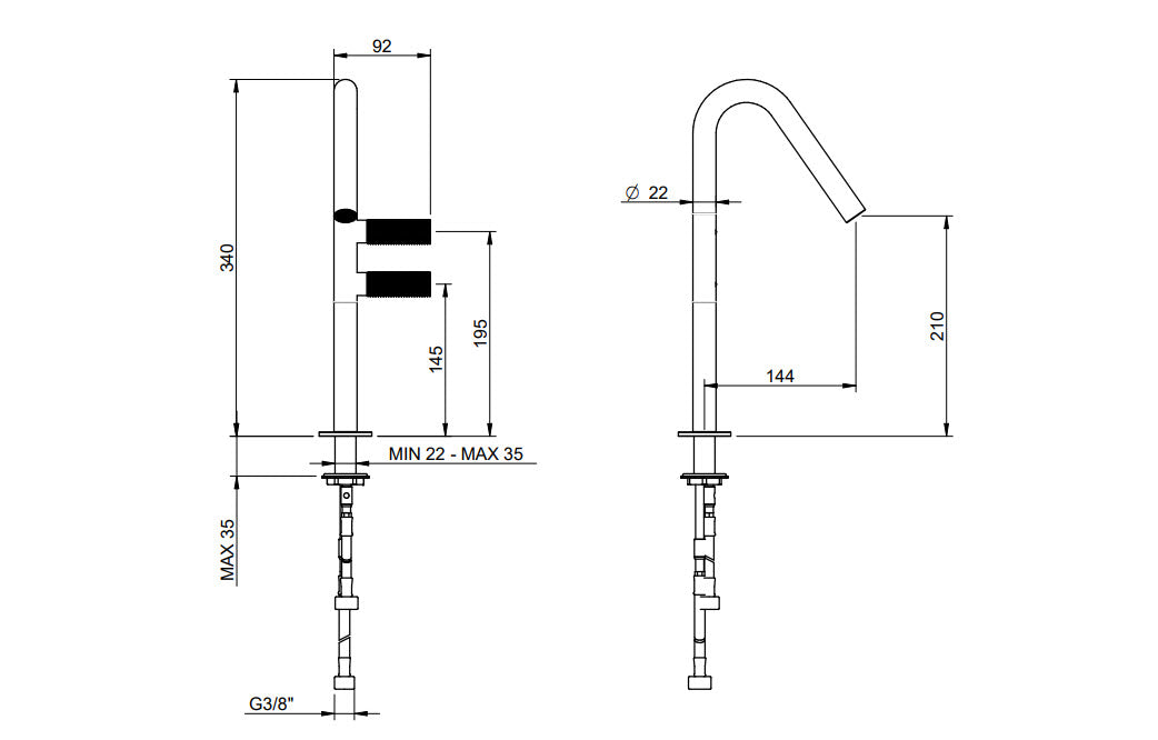 Treemme 22mm IT3053IS2GZZ Waschtischarmatur Edelstahl satiniert – hoher Auslauf