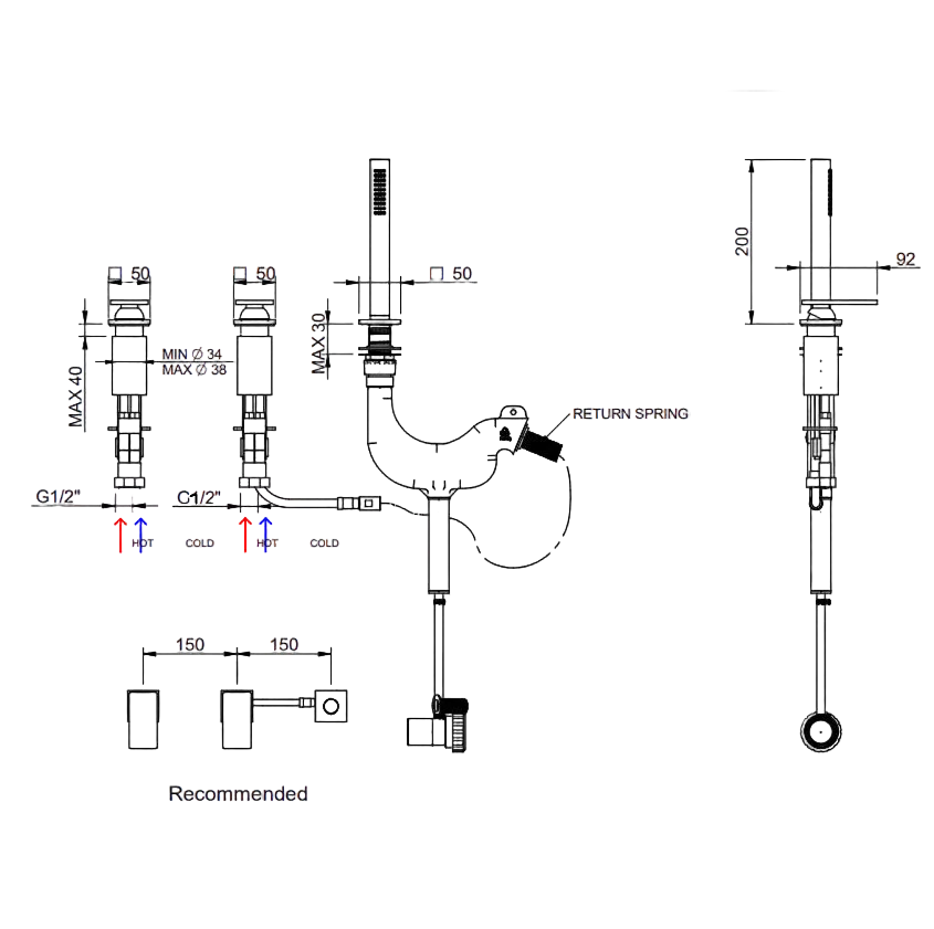 3-Loch Wannenrandarmatur mit Handbrause - 5mm